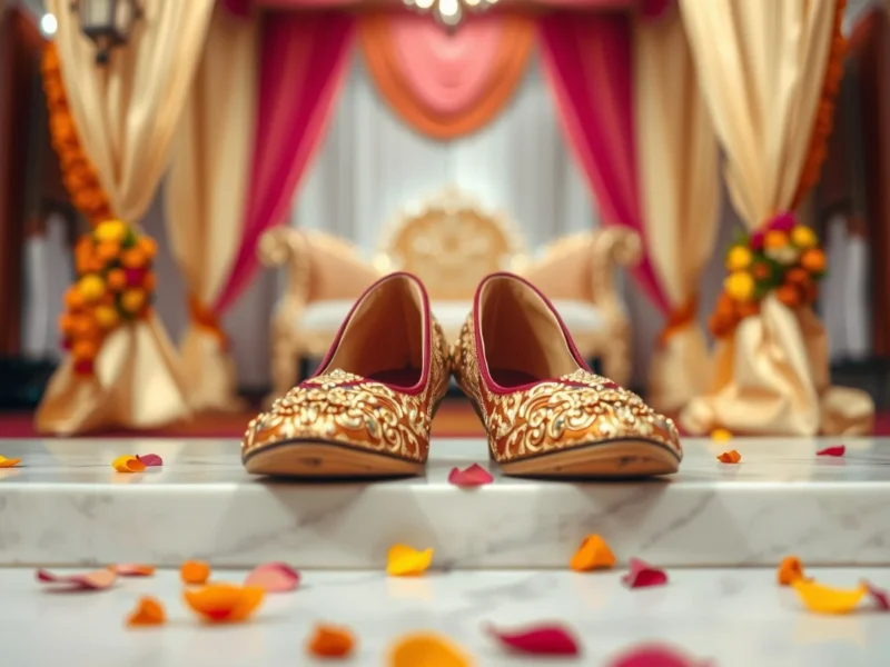 Golden embroidered Indian mojri wedding shoes at the edge of a flower-decorated mandap