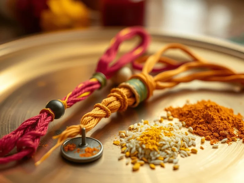 Red and yellow sacred threads knotted with an iron ring and coin on a brass plate with turmeric