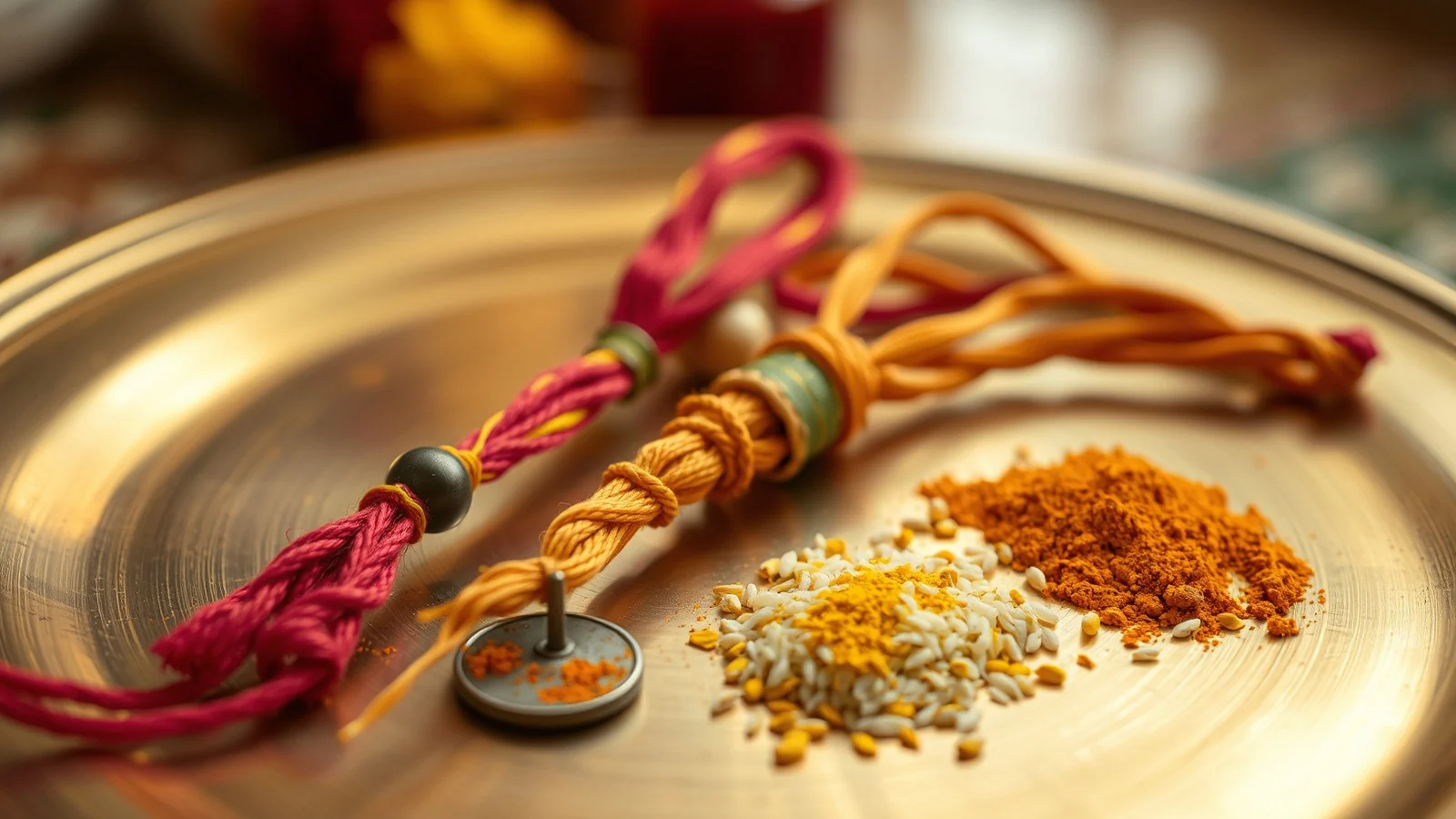 Red and yellow sacred threads knotted with an iron ring and coin on a brass plate with turmeric