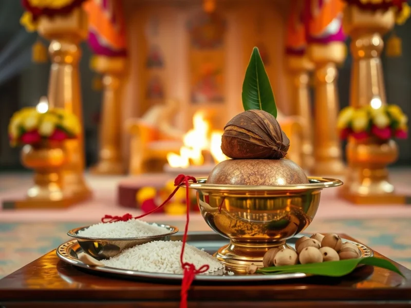 A brass kalash topped with coconut and mango leaves beside a silver plate of rice
