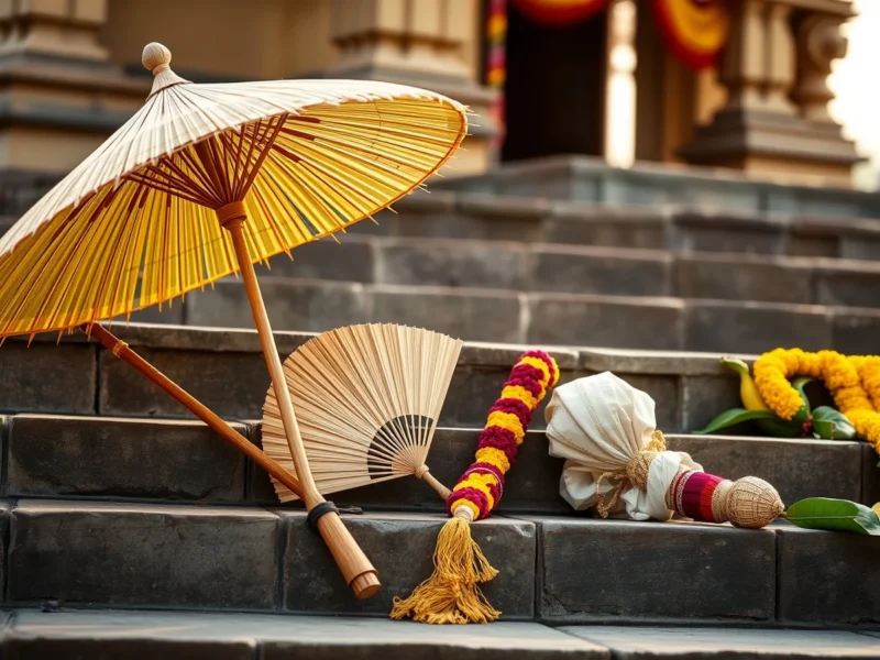 A palm leaf umbrella, walking staff and cloth bundle on South Indian temple steps