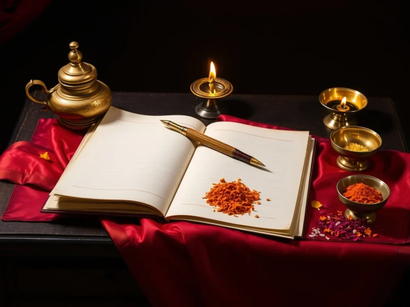 A brass inkpot and pen on an open ledger beside red silk, a lit lamp and bowls of turmeric and kumkum