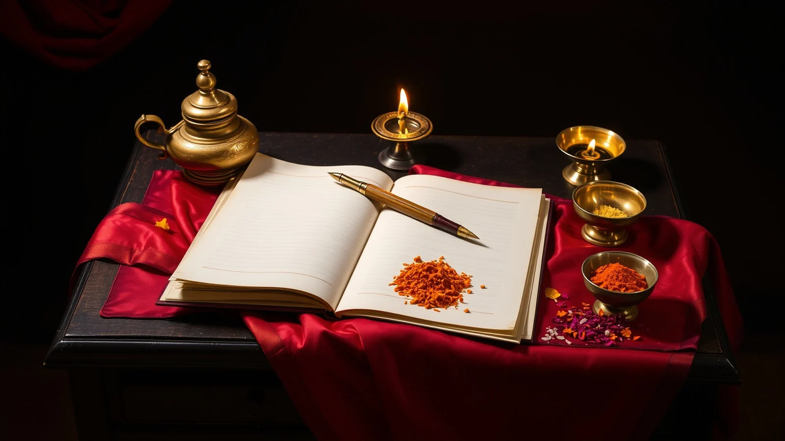 A brass inkpot and pen on an open ledger beside red silk, a lit lamp and bowls of turmeric and kumkum