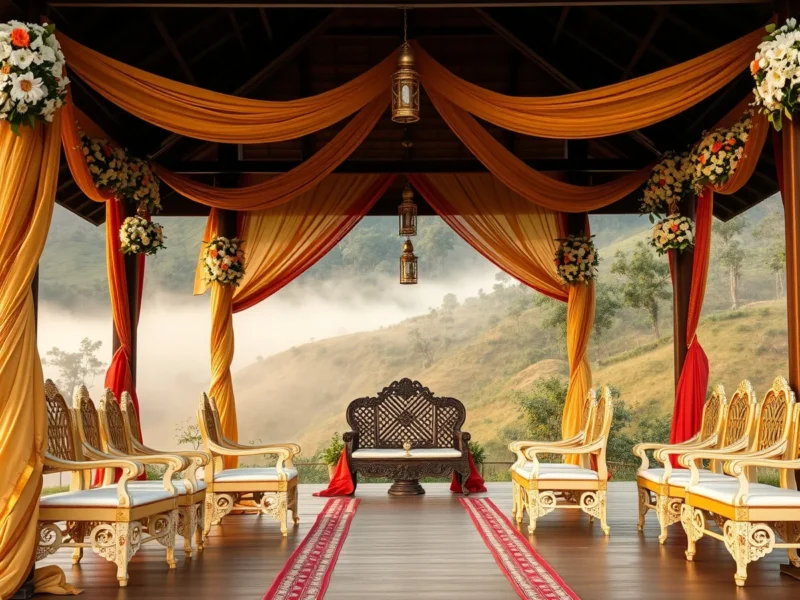 A decorated wedding pavilion among misty Coorg coffee plantation hills