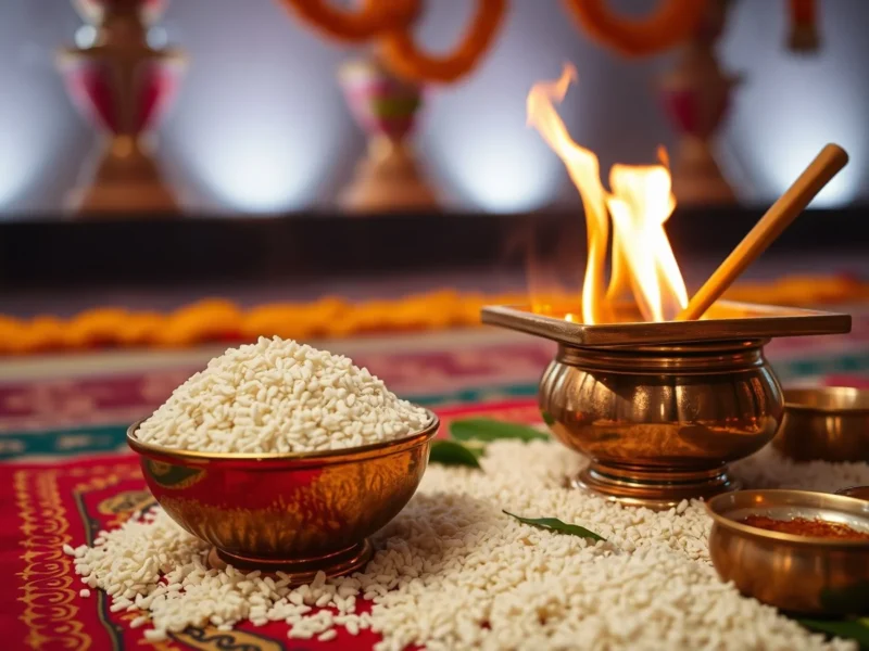 A brass bowl of puffed rice beside a copper havan kund with a small sacred fire