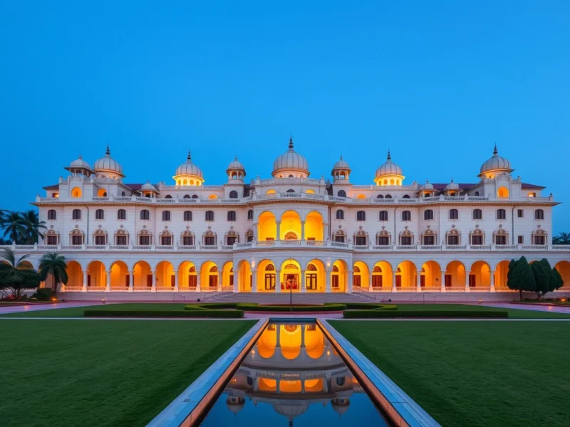 Illuminated palace hotel facade in Jaipur at blue hour, with domed pavilions reflected in a formal water channel across the lawn