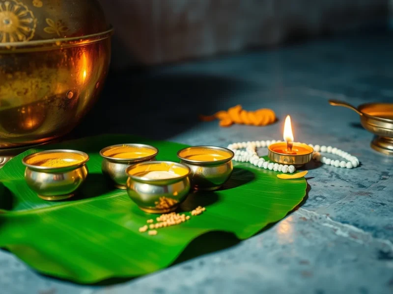 Brass vessels of turmeric and sesame oil on a banana leaf in pre-dawn light