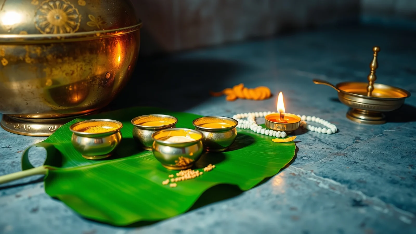Brass vessels of turmeric and sesame oil on a banana leaf in pre-dawn light