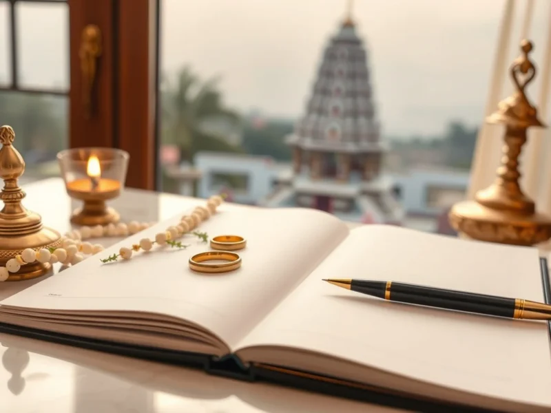 A marriage register and rings on a desk with a South Indian temple gopuram behind