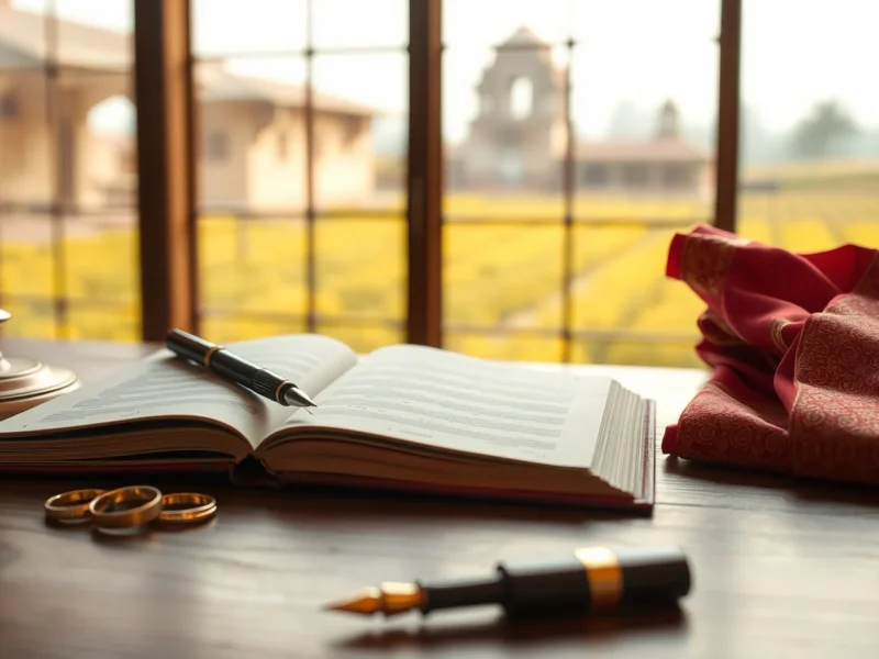 A marriage register and rings on a desk with north Indian fields beyond the window