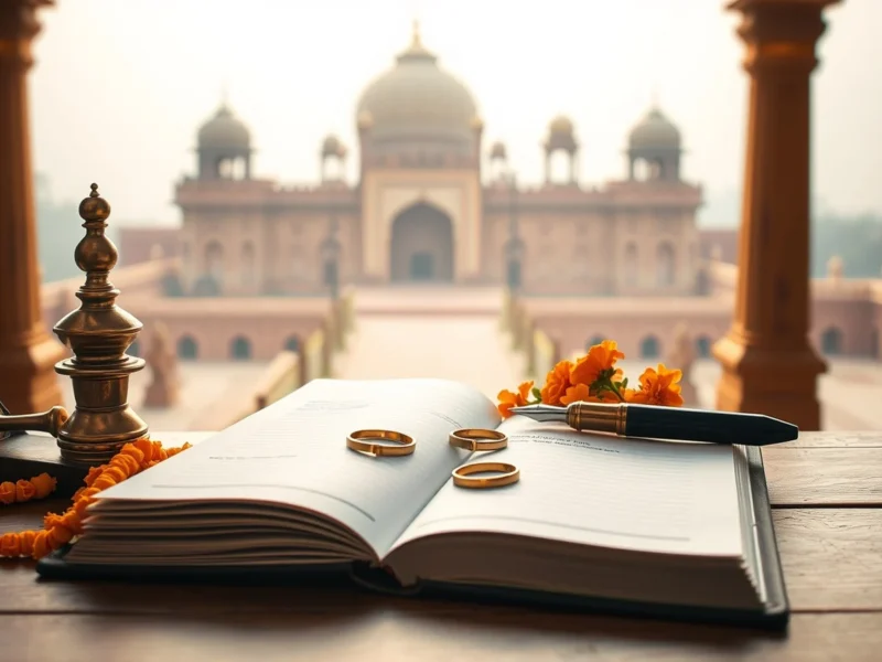 A marriage register and rings on a desk with Mughal-era domes in the hazy distance