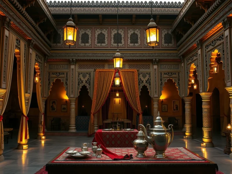 A Rajasthani haveli courtyard decorated with mirrorwork drapes and brass lanterns