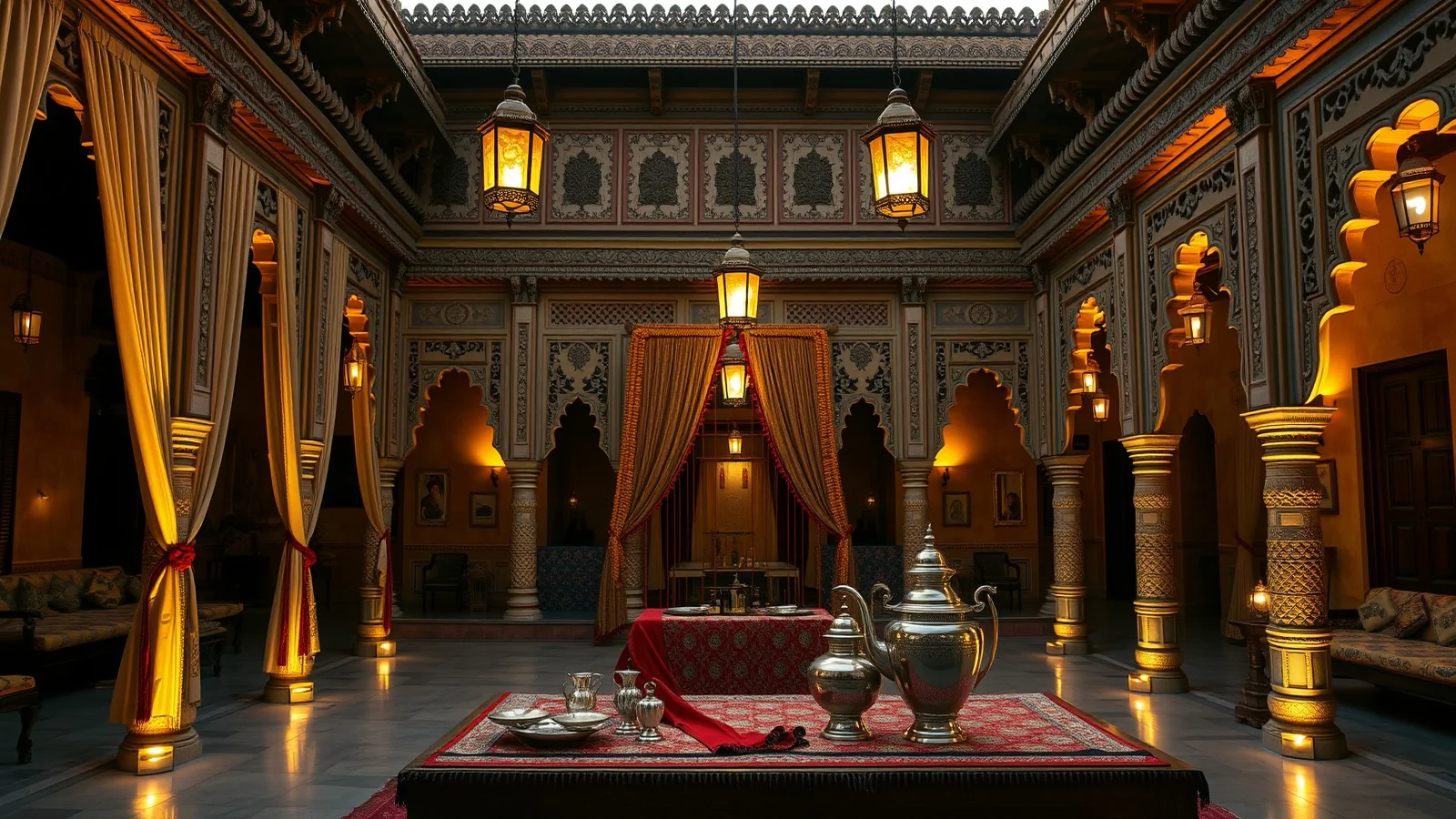 A Rajasthani haveli courtyard decorated with mirrorwork drapes and brass lanterns