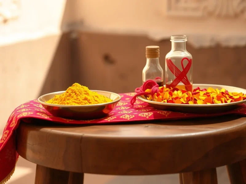 A brass bowl of yellow vatna paste with mustard oil and marigold petals on a red phulkari cloth