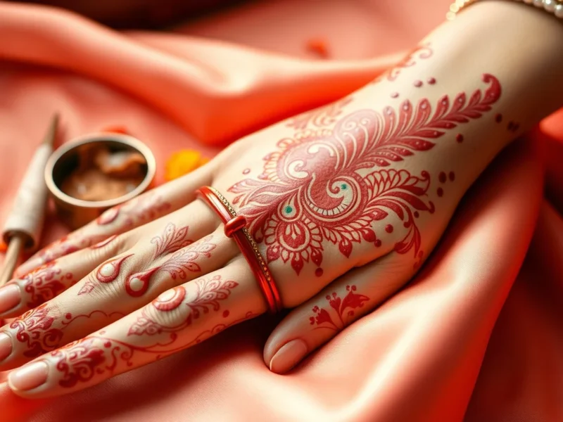 Indian bridal hands covered in intricate reddish-brown henna mehndi patterns on silk