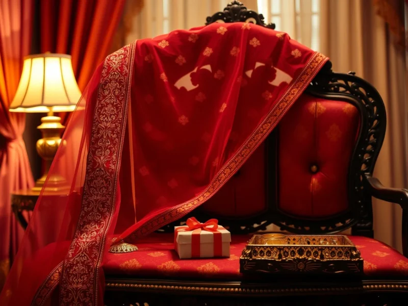 An embroidered red and gold bridal veil draped over a carved seat with gift boxes beside it
