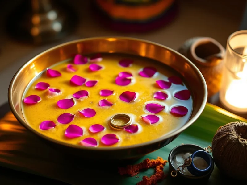 A brass vessel of turmeric water with rose petals and a gold ring at the bottom