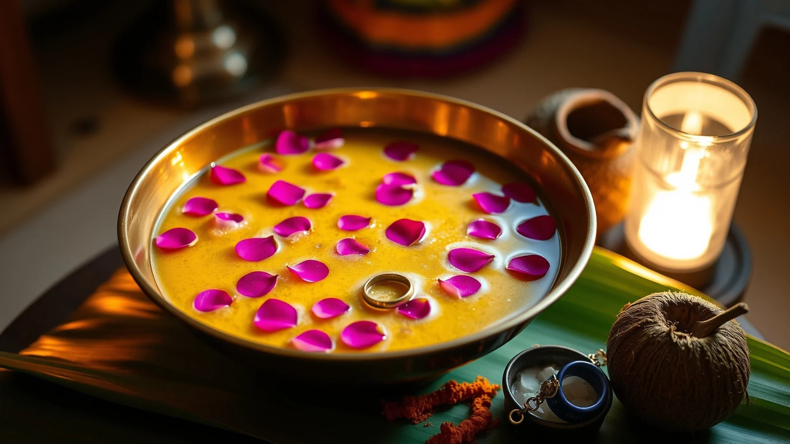 A brass vessel of turmeric water with rose petals and a gold ring at the bottom