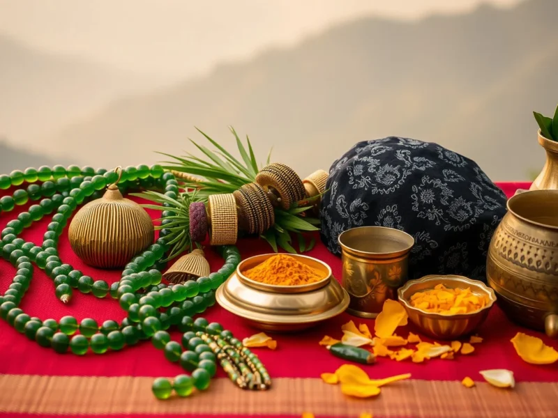 Green pote bead necklaces and a gold tilhari on red cloth with a dhaka topi and brass vessels
