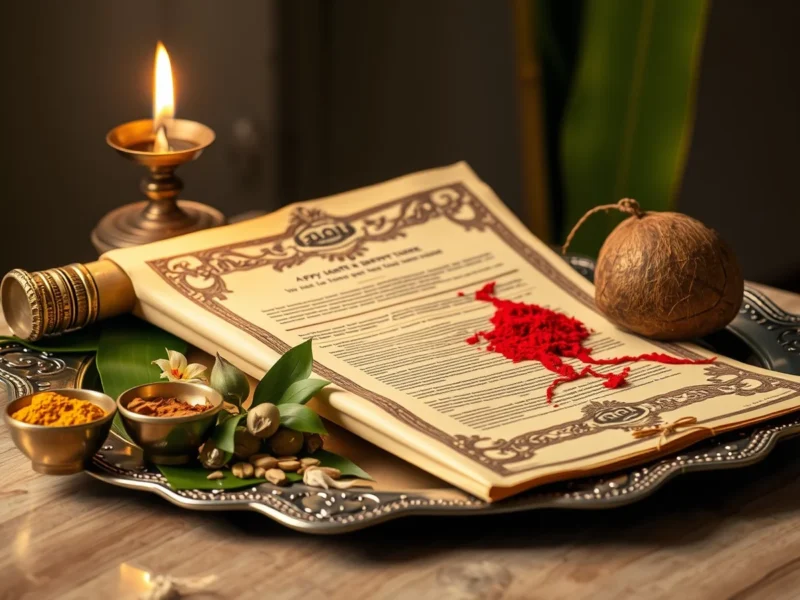 A decorated marriage agreement scroll on a silver tray with kumkum, betel leaves and a coconut