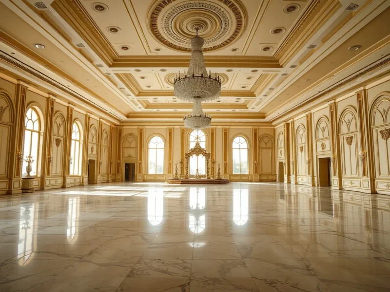 Empty column-free grand ballroom of a palace hotel in North India, with crystal chandeliers above a polished marble floor