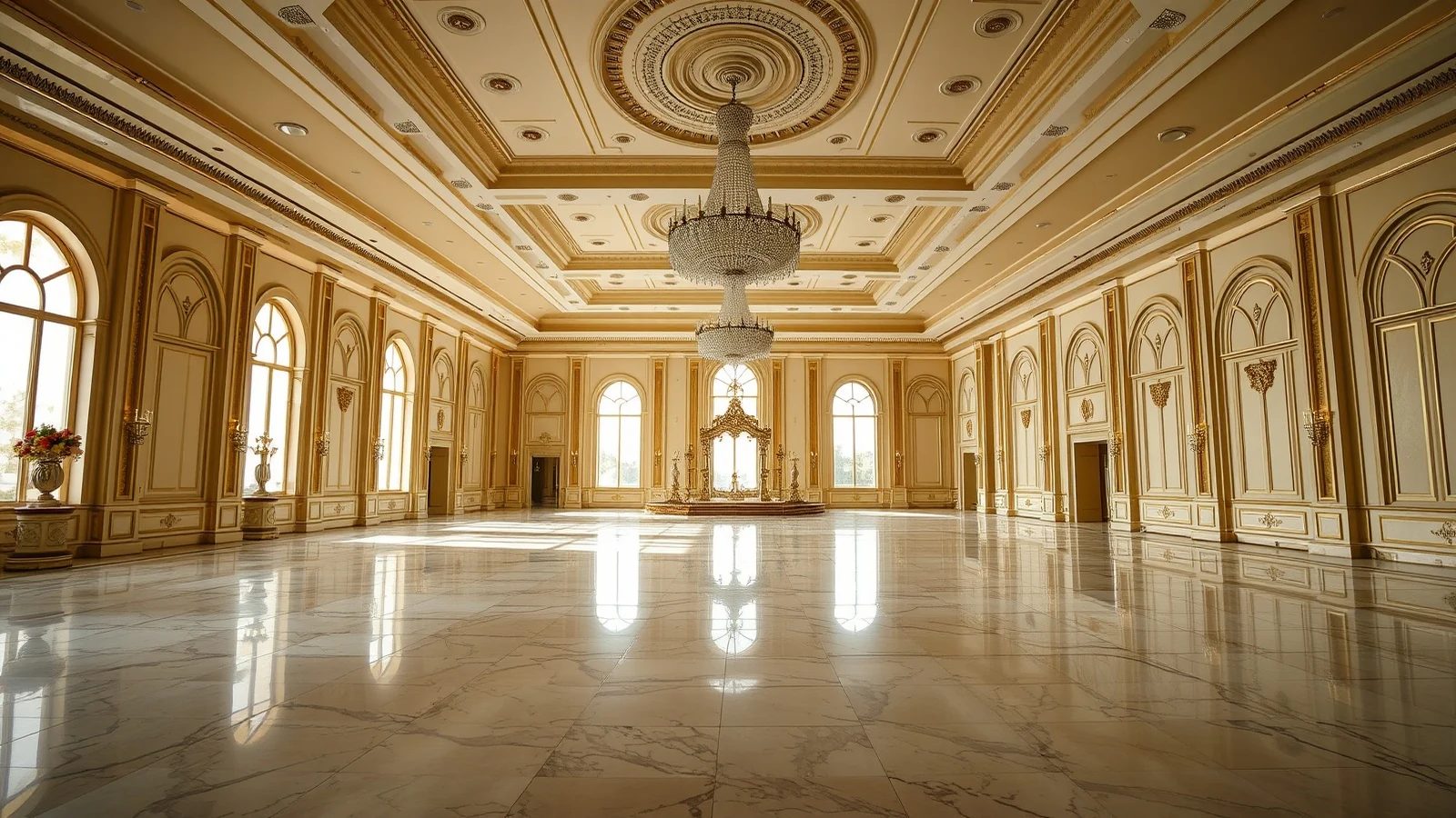 Empty column-free grand ballroom of a palace hotel in North India, with crystal chandeliers above a polished marble floor
