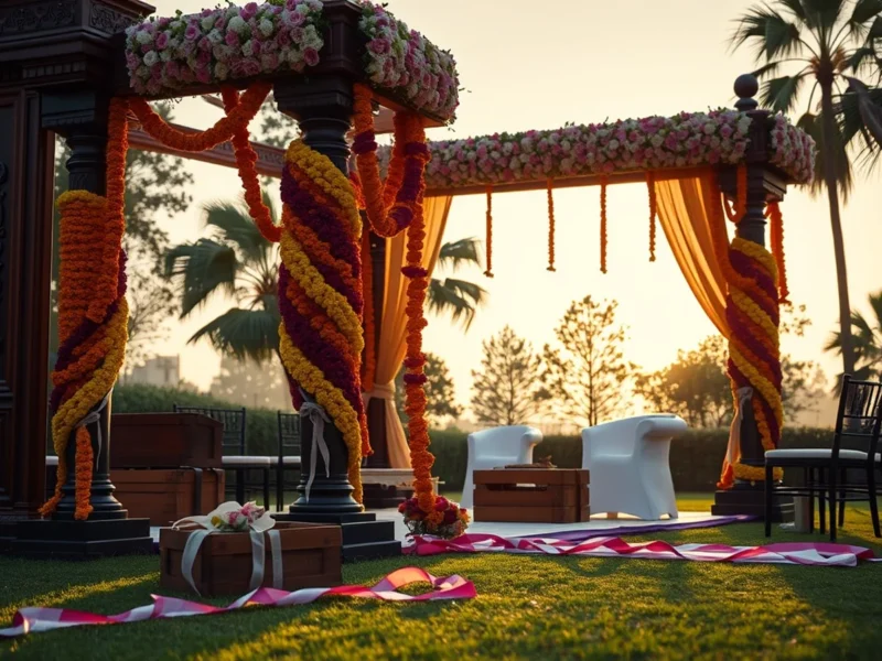 An Indian wedding mandap being decorated at dawn in a luxury hotel garden