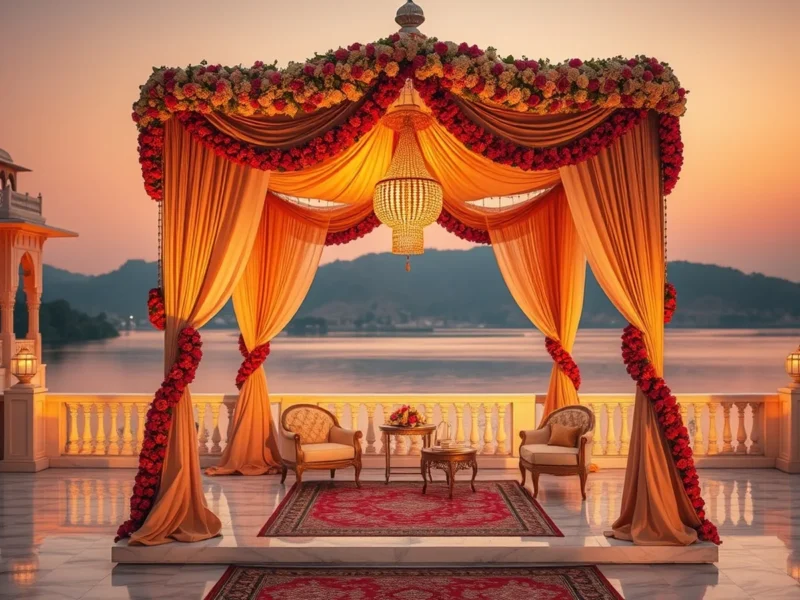 A luxury wedding mandap on a Udaipur lake-palace terrace at golden hour