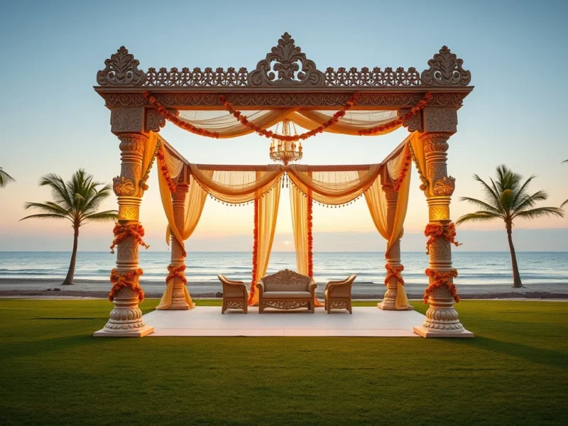 A refined Kerala beachfront wedding pavilion with coconut palms at golden hour