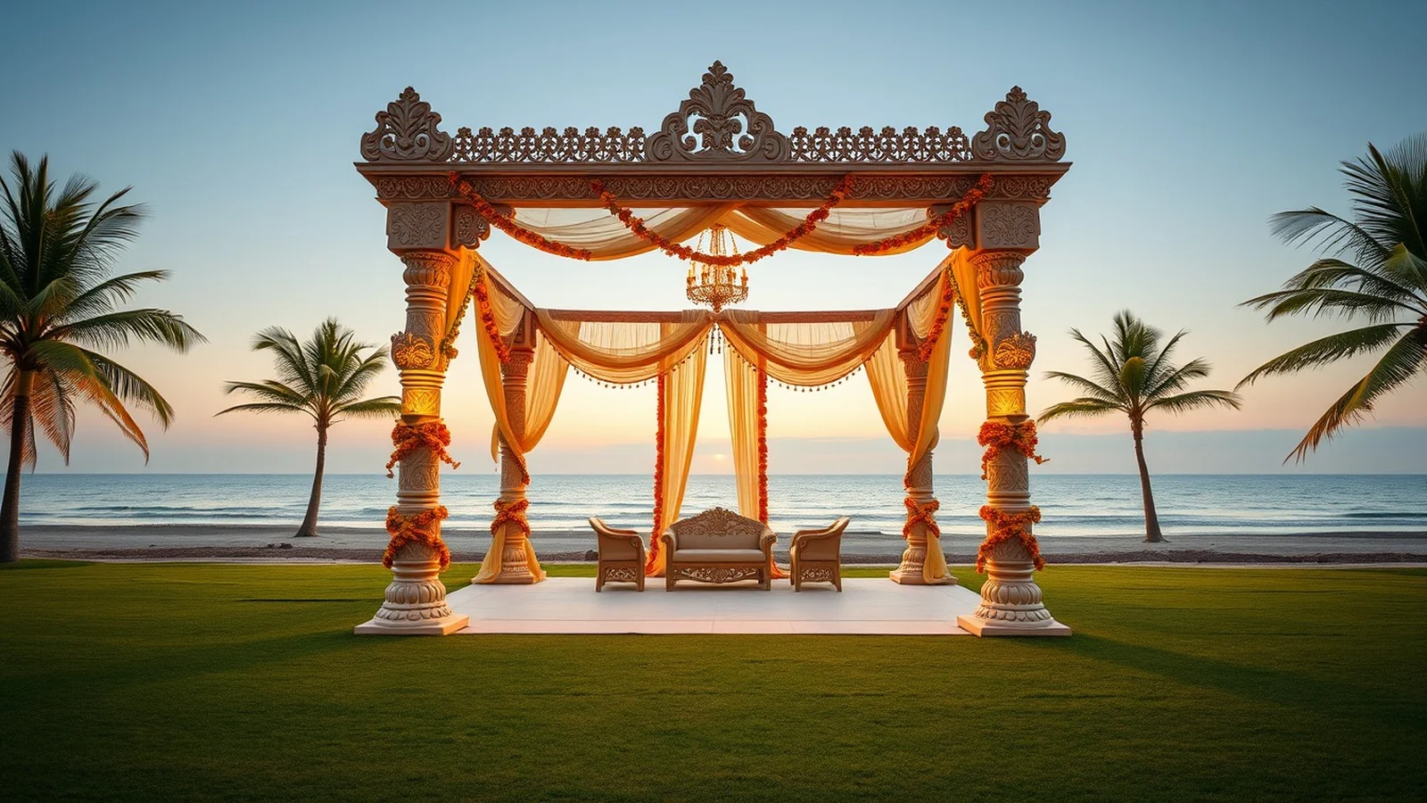 A refined Kerala beachfront wedding pavilion with coconut palms at golden hour
