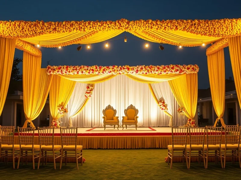 An opulent Punjabi wedding stage at a luxury Amritsar resort lawn at golden hour