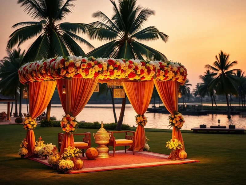 An elegant South Indian wedding mandap at a luxury Kochi backwater resort at golden hour