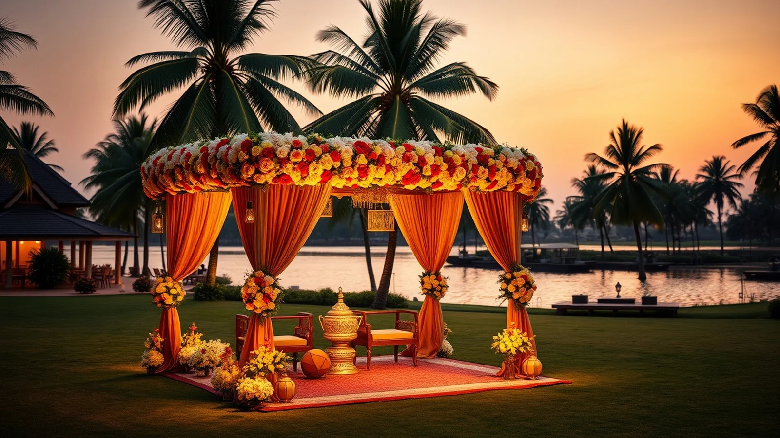 An elegant South Indian wedding mandap at a luxury Kochi backwater resort at golden hour