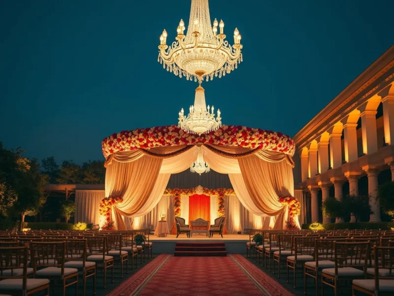 A lavish Punjabi wedding mandap at a grand Delhi heritage-hotel garden at golden hour