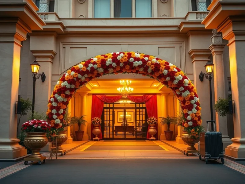 A floral welcome arch at a luxury Indian hotel arrival driveway decorated for a wedding