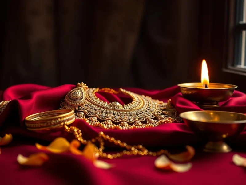Indian bridal gold jewellery and marigold petals on deep red silk in warm light
