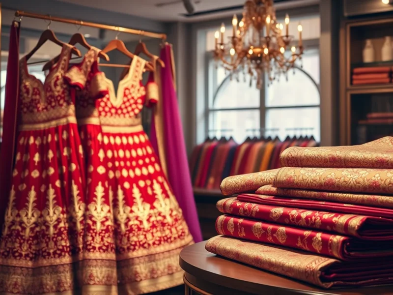 Embroidered red and gold bridal lehengas and silk fabric in a luxury Indian couture atelier