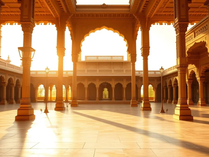 A grand empty Indian palace wedding courtyard with carved sandstone arches at golden hour