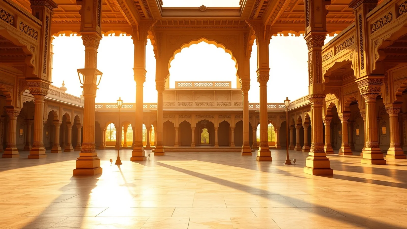 A grand empty Indian palace wedding courtyard with carved sandstone arches at golden hour