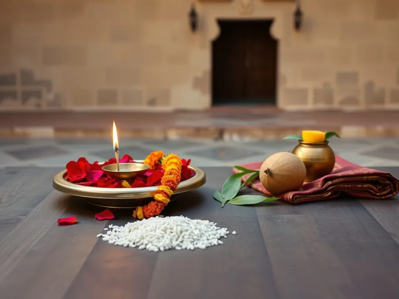 A brass thali of rose petals with a lit oil lamp, marigold garland, coconut and silk on a table in a heritage palace courtyard