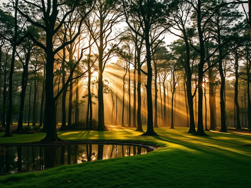 Quiet forest clearing in northern India at golden hour, with sunlight through the canopy and a still reflecting pool