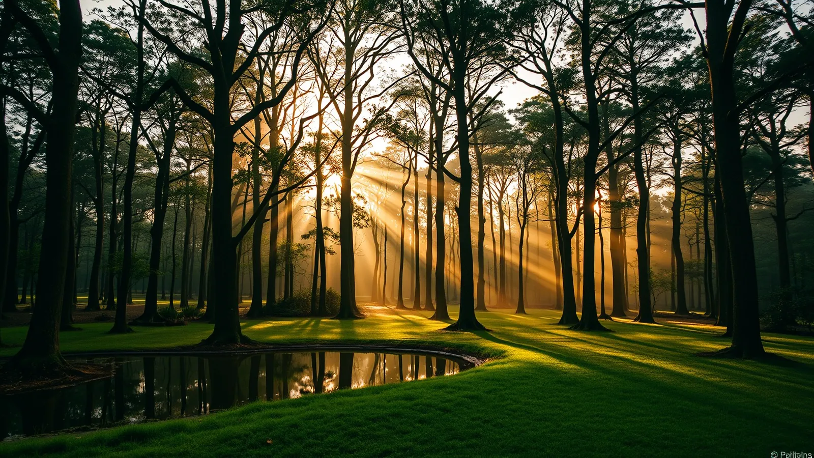 Quiet forest clearing in northern India at golden hour, with sunlight through the canopy and a still reflecting pool