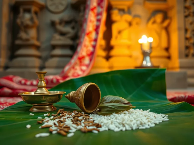 Brass lamps, a conch shell and rice on a banana leaf with Sambalpuri ikat fabric