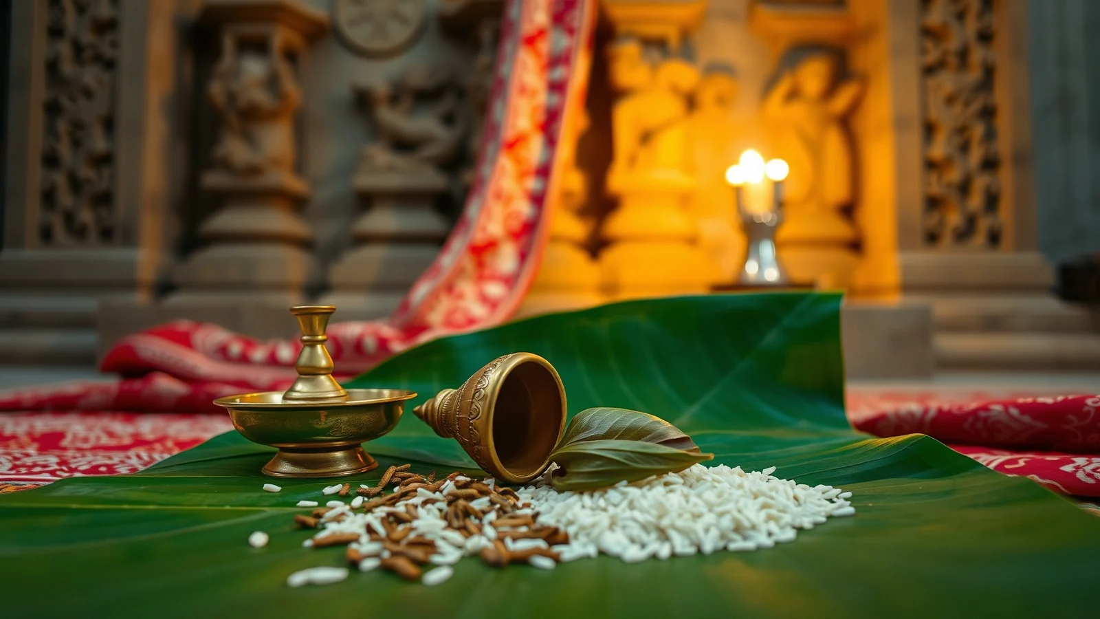Brass lamps, a conch shell and rice on a banana leaf with Sambalpuri ikat fabric