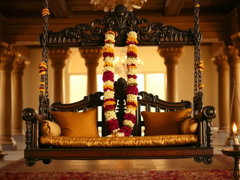 A carved wooden South Indian oonjal swing on brass chains decorated with jasmine garlands