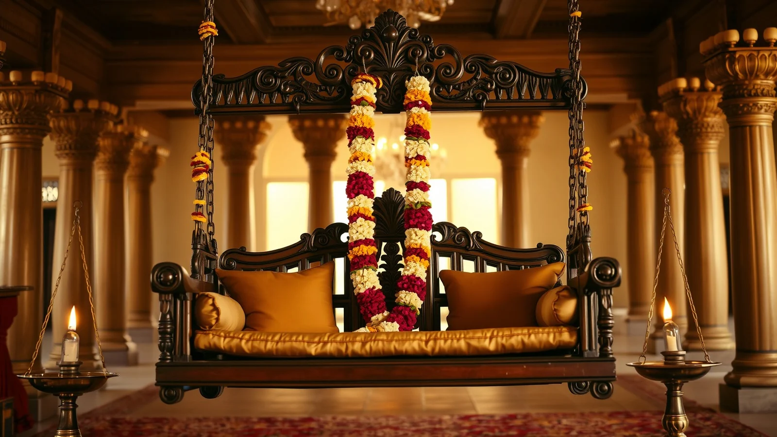 A carved wooden South Indian oonjal swing on brass chains decorated with jasmine garlands