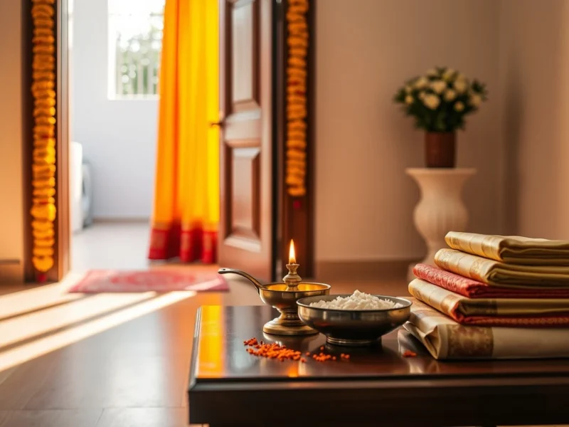 A marigold-decorated Indian doorway with a brass lamp, aarti thali and folded gift silks