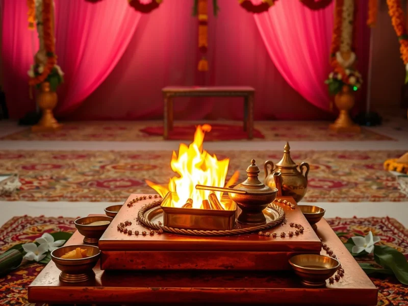 A copper havan kund with a small sacred fire at the centre of a decorated mandap