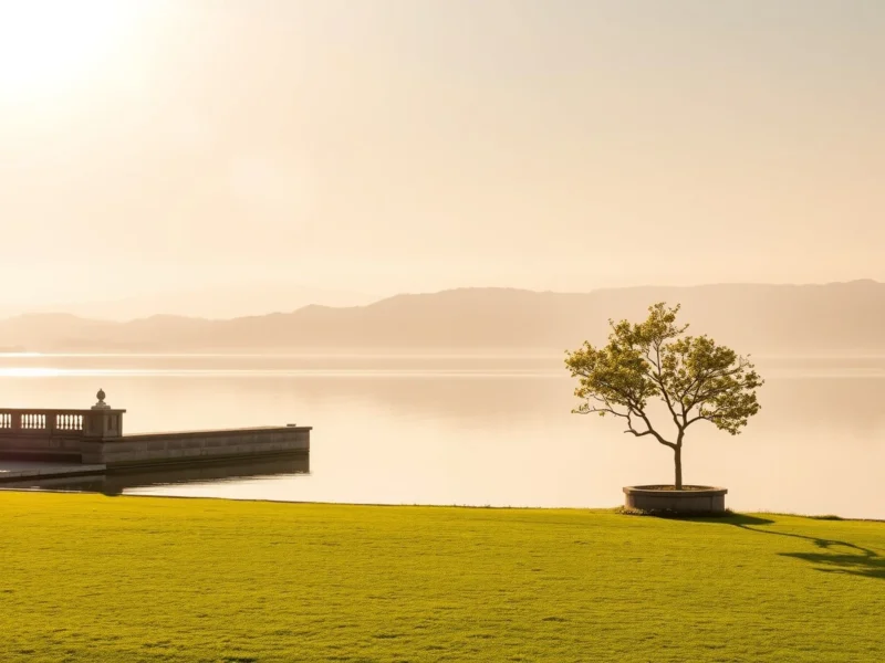 Still lake at golden hour in Udaipur seen across a green lawn, with the Aravalli hills beyond in soft haze