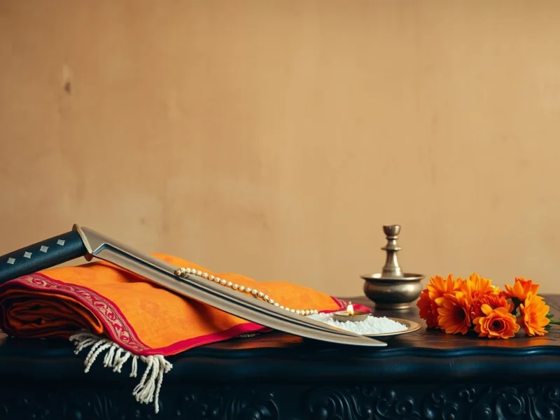 A curved talwar sabre resting on folded orange bandhani silk with a brass lamp and marigolds
